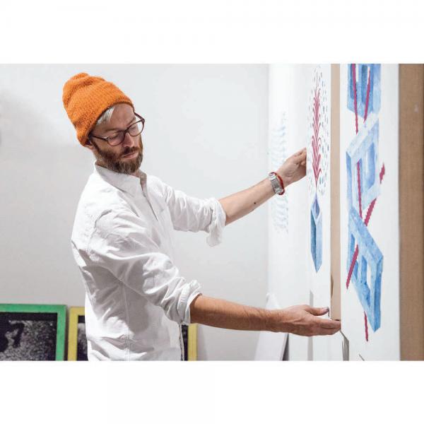 Dan Funderburgh installing his work.